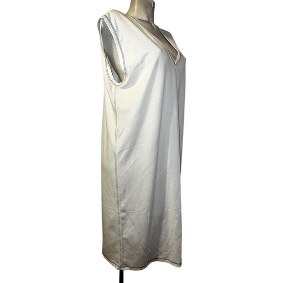 ZARA Dress Sz M White w/Black Stitching V-Neck Midi Slvls Minimalist Shirtdress - Picture 3 of 6